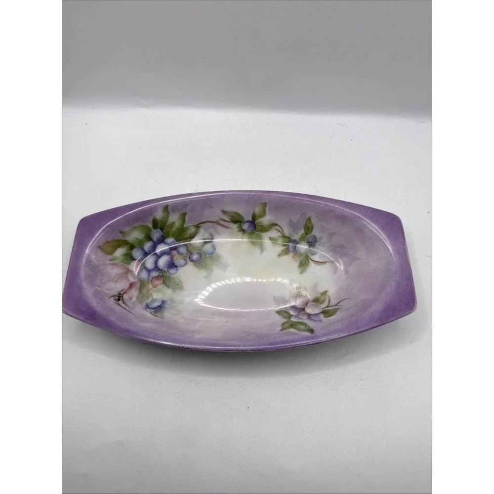 Antique Hand Painted Violet Porcelain Trinket Tray Dish Dresser Tray 9